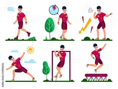 Outdoor Activities and Workouts Types for Healthy Life Trendy Flat Vector Concepts. Man in Sportswear Roller-Skating, Walking, Stretching, Pulling Up on Crossbar, Jumping on Trampoline Illustrations