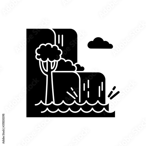Waterfall landscape glyph icon. Vacation to Indonesia. Hidden treasures of Bali. Tropical jungle rivers. Water cascade in rainforest. Silhouette symbol. Negative space. Vector isolated illustration
