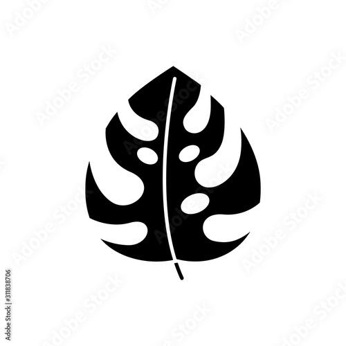 Monstera leaf glyph icon. Evergreen forest vines. Swiss cheese plant. Indonesian jungle palm leaf. Discovering Bali nature. Silhouette symbol. Negative space. Vector isolated illustration