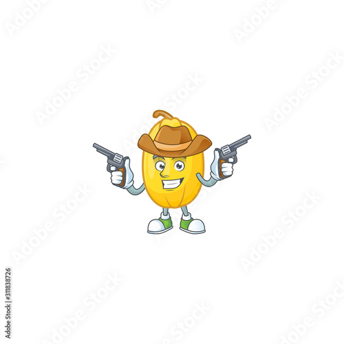 Smiling spaghetti squash mascot icon as a Cowboy holding guns