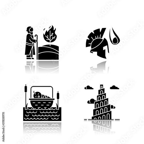 Bible narratives drop shadow black glyph icons set. The birth of Moses, David and Goliath, Babel tower myths. Religious legends. Christian religion, holy book scenes. Isolated vector illustrations