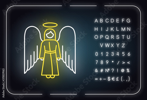 Angel neon light icon. Biblical archangel. Human figure in robe with wings and halo. Gods messenger. Christian symbol. Glowing sign with alphabet, numbers and symbols. Vector isolated illustration