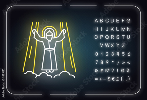 Ascension of Jesus Christ neon light icon. Savior in heaven in glory. Bible easter story. New Testament. Glowing sign with alphabet, numbers and symbols. Vector isolated illustration