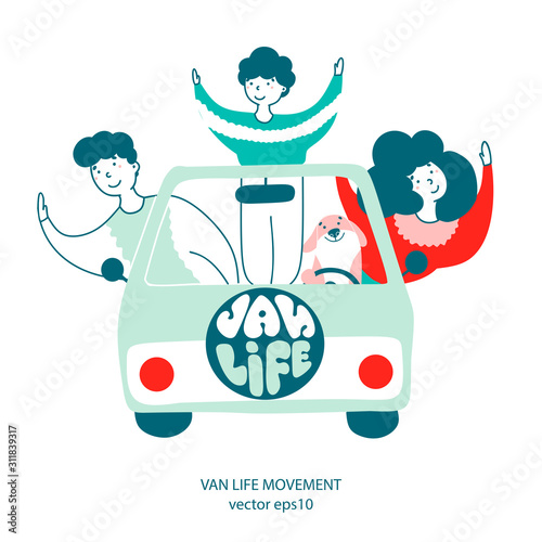 Van travel lifestyle hand drawn flat vector illustration