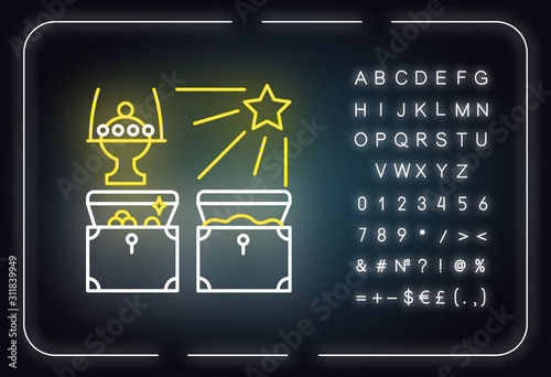 Gifts of the magi neon light icon. Baby Jesus gifts from three magic kings. Christmas holiday. Happy Epiphany day. Glowing sign with alphabet, numbers and symbols. Vector isolated illustration