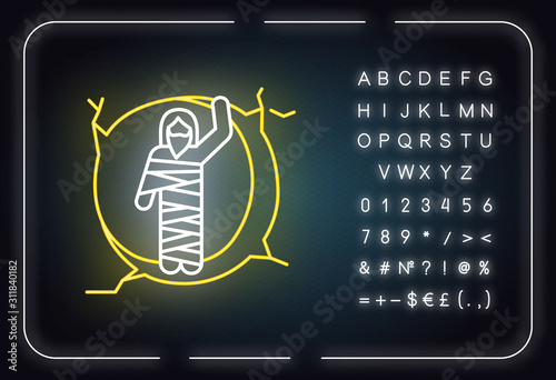 Raising of Lazarus neon light icon. Christ resurrection from tomb. Man in shroud at entrance to cave. Resurrection day. Glowing sign with alphabet, numbers and symbols. Vector isolated illustration