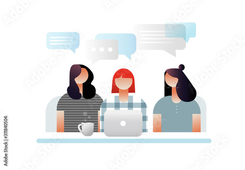 Vector illustration, flat style, businesswomen discuss social network, news, social networks, chat, dialogue speech bubbles