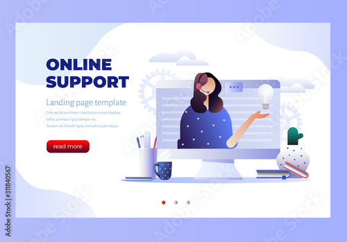 Concept customer service, hotline operator advises client for web page, banner, presentation, social media. Online global technical support 24\7. Vector illustration. Landing page template