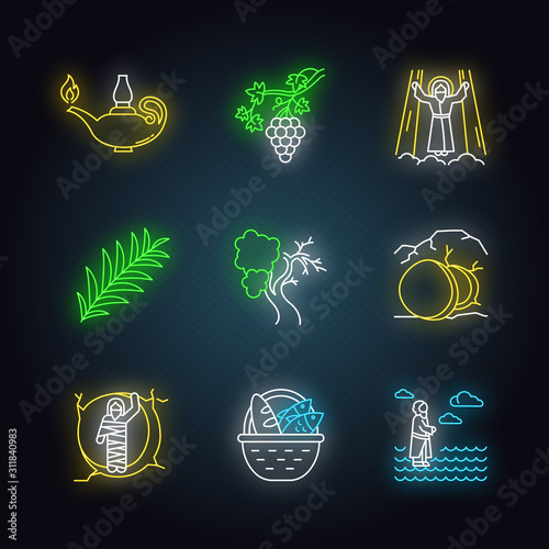 Bible narratives neon light icons set. Angel, thorns wreath and nails, 30 silver coins, Alpha and Omega, Virgin Mary, Christmas star, nursery, palm branch. Glowing signs. Vector isolated illustrations