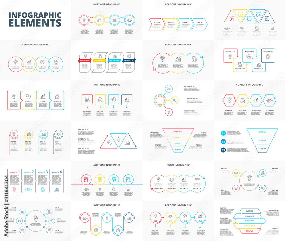 Thin line flat elements set for infographic. Template for diagram, graph, presentation and chart. Business concept with 3, 4, 5 and 6 options, parts, steps or processes
