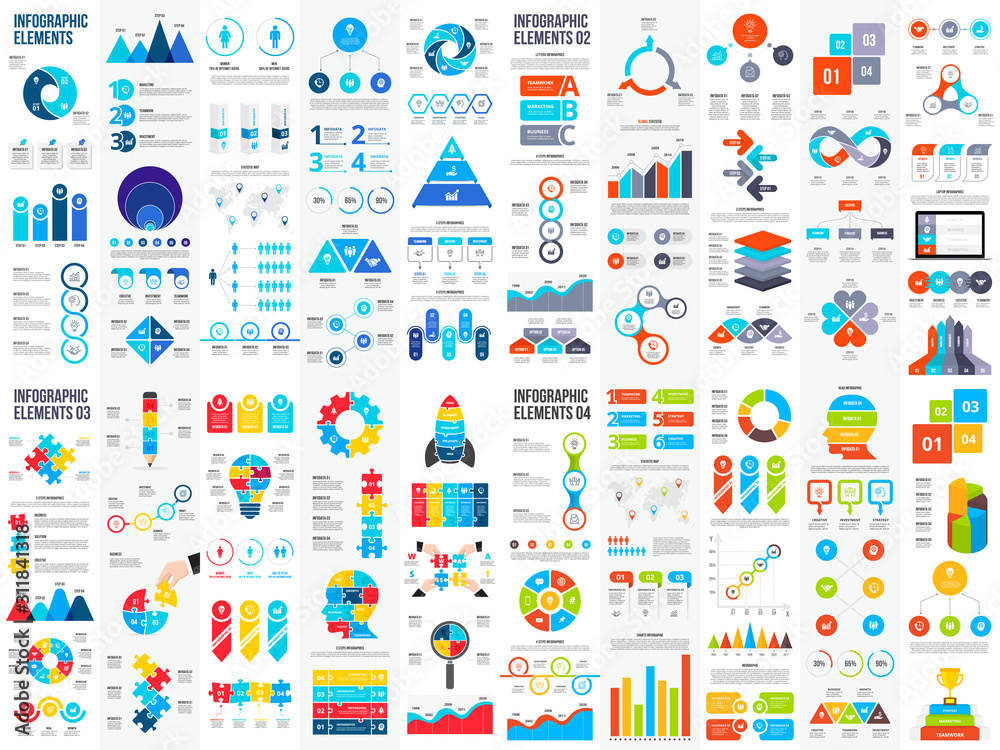 Big set of infographic elements. Can be used for steps, business processes, workflow, diagram, flowchart concept and timeline. Data visualization vector design template