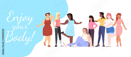 Enjoy your body flat poster vector template. Smiling ladies of different nationalities isolated cartoon characters on white and blue. Banner, brochure page, leaflet design layout with place for text