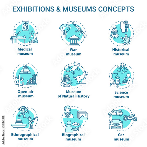 Museum exhibition concept icons set. Ethnographical and biographical exposition. Natural history. Open-air display idea thin line illustrations. Vector isolated outline drawings. Editable stroke