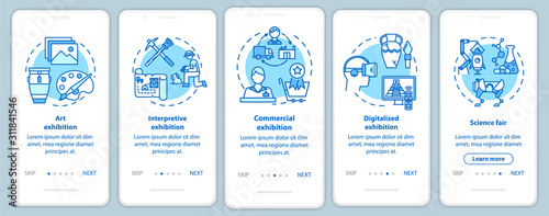 Exhibition and museum onboarding mobile app page screen vector template. Exposition. Science fair. Walkthrough website steps with linear illustrations. UX, UI, GUI smartphone interface concept