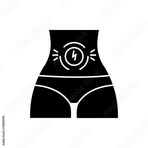 Abdominal pain glyph icon. Stomach ache. Period cramp, menstruation spasm. Female belly discomfort. Predmenstrual syndrome symptom. Silhouette symbol. Negative space. Vector isolated illustration