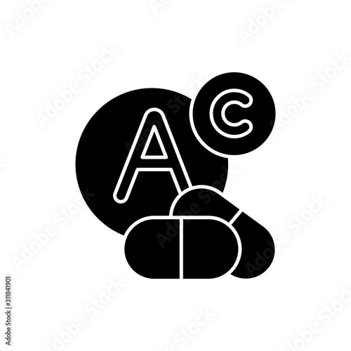 Vitamin intake glyph icon. Diet supplement. Multivitamin complex supply. Nutrition and healthcare. Medicament treatment. Silhouette symbol. Negative space. Vector isolated illustration