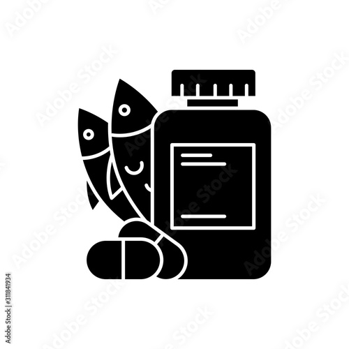 Vitamin intake glyph icon. Fish oil supply. Omega-3 supplement. Medication and pills. Multivitamin complex. Diet supply. Silhouette symbol. Negative space. Vector isolated illustration