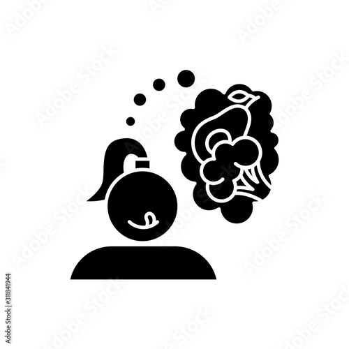 Vegetable carving glyph icon. Hungry for healthy food. Broccoli and avocado. Vegan girl. Nutritious diet. Appetite and hunger. Silhouette symbol. Negative space. Vector isolated illustration