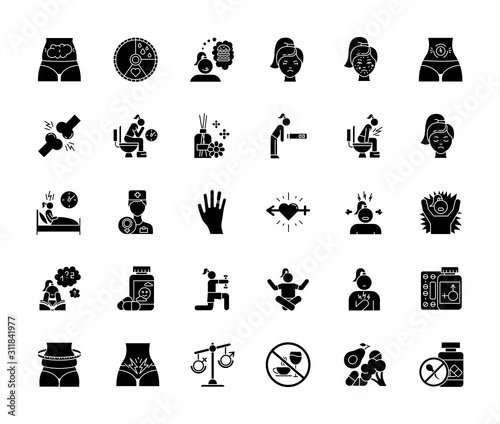 Predmenstrual syndrome glyph icons set. Menstrual cycle. Period pain. Food craving. Birth control. Aromatherapy Emotional outburst. Hormone imbalance. Silhouette symbols. Vector isolated illustration