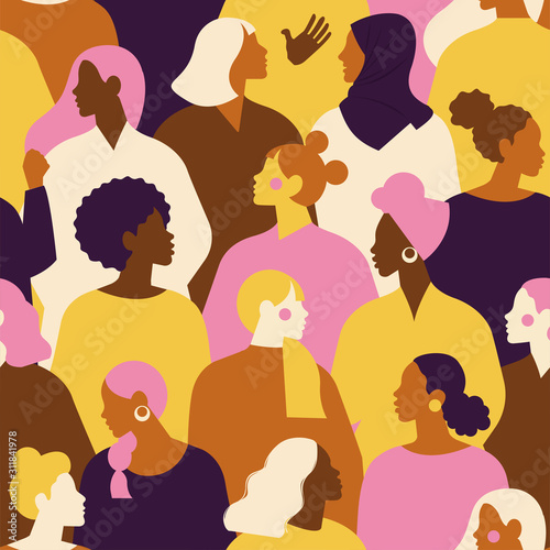 Female diverse faces of different ethnicity seamless pattern. Women empowerment movement pattern. International womens day graphic in vector.