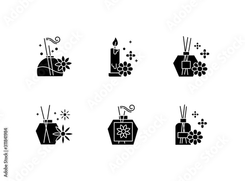 Aromatherapy glyph icons set. Floral scented sticks. Aromatic candles. Blossom air freshener. Cosmetology, spa therapy. Relaxation. Female selfcare. Silhouette symbols. Vector isolated illustration