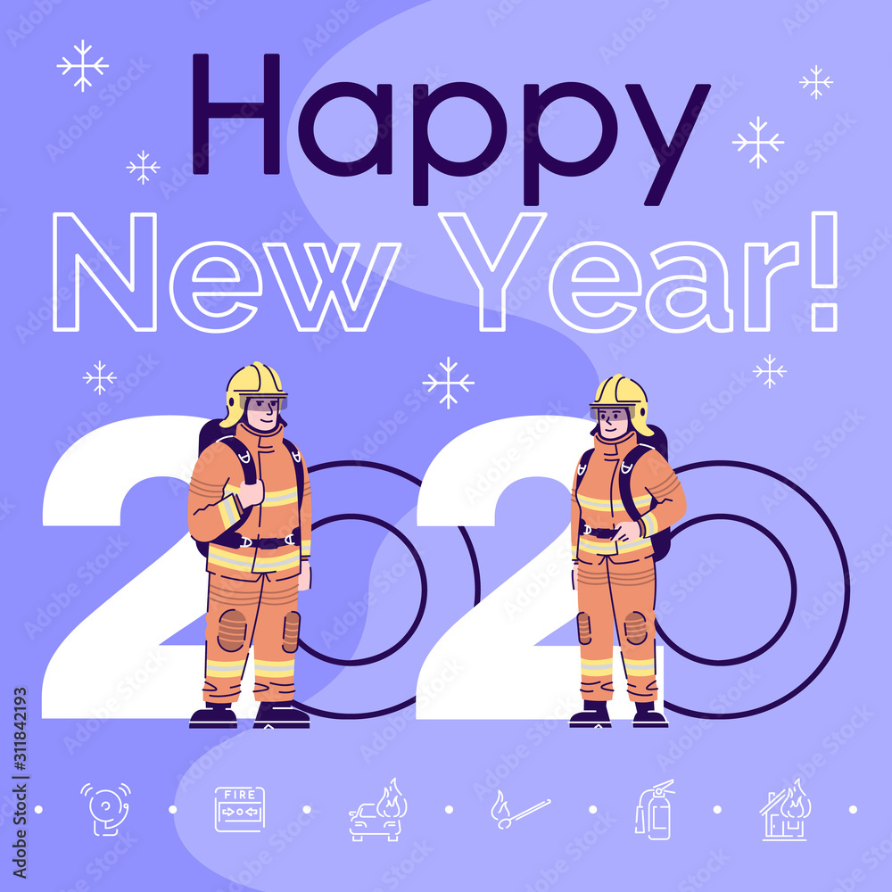 Fototapeta premium Profession social media post mockup. Happy new year 2020 phrase. Web banner design template. Firefighters in protective wear booster, content layout, inscription. Poster, print ads, flat illustration