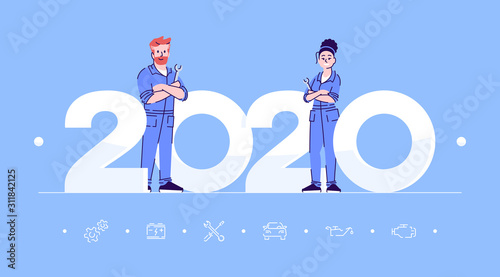 Professions 2020 flat banner vector template. Repairers isolated cartoon characters on blue. People in workwear. Repairman with wrench. Banner, brochure page, leaflet design layout with place for text