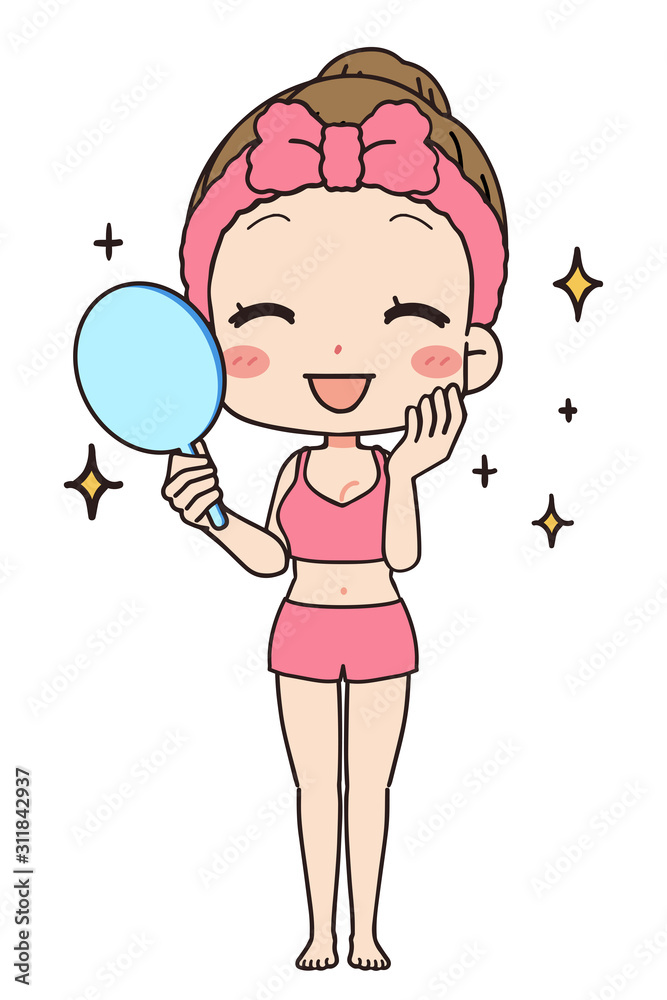 鏡を持つ女性の正面イラスト 全身図 Vector De Stock Adobe Stock