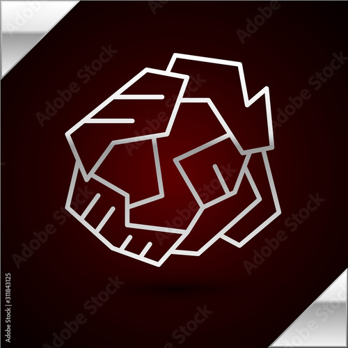 Silver line Crumpled paper ball icon isolated on dark red background.  Vector Illustration