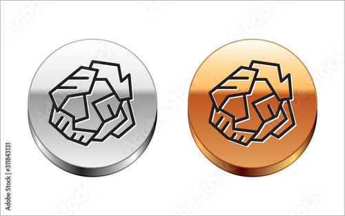 Black line Crumpled paper ball icon isolated on white background. Silver-gold circle button. Vector Illustration