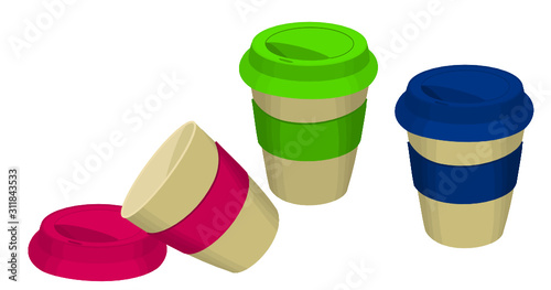 3D illustration of reusable bamboo coffee cups. Vector drawing. zero waste sustainable concept. colorful reusable cup isolated on white background. ecological lifestyle.