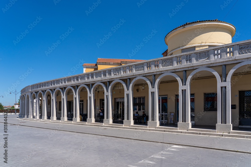 1930s colonnade in a rationalist style building in Tresigallo, called 