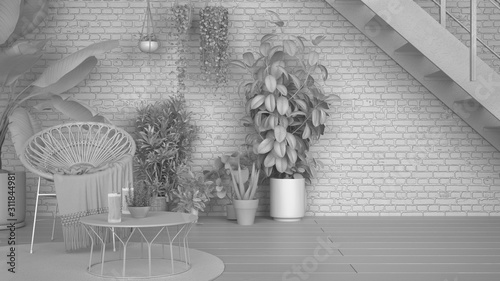 Total white project draft, rustic lounge, rattan armchair and coffee table, parquet floor, staircase. Brick wall, white industrial interior design. Relax space full of potted plants