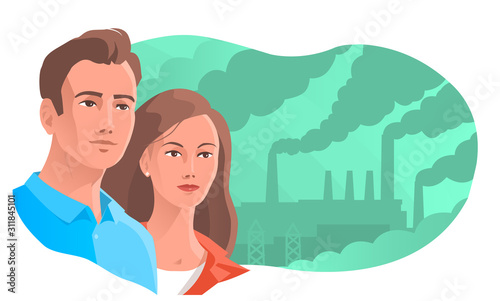 Modern man and woman on the background of smoking chimneys. Concerned about the problem of environmental pollution. Vector illustration.