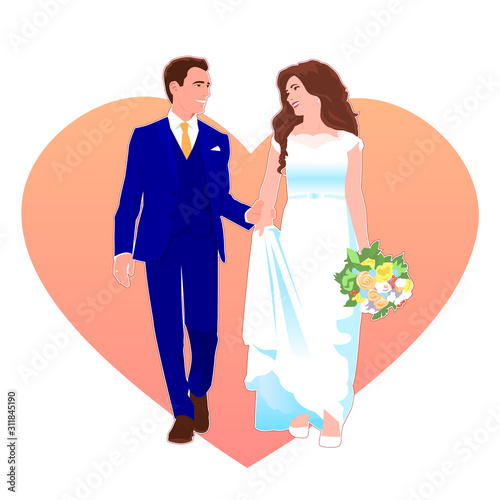 Newlyweds in a wedding. Happy and beautiful bride and groom are walking on the background of a symbolic heart. A man in a blue suit with a tie. Girl with a bouquet of flowers. Vector illustration.