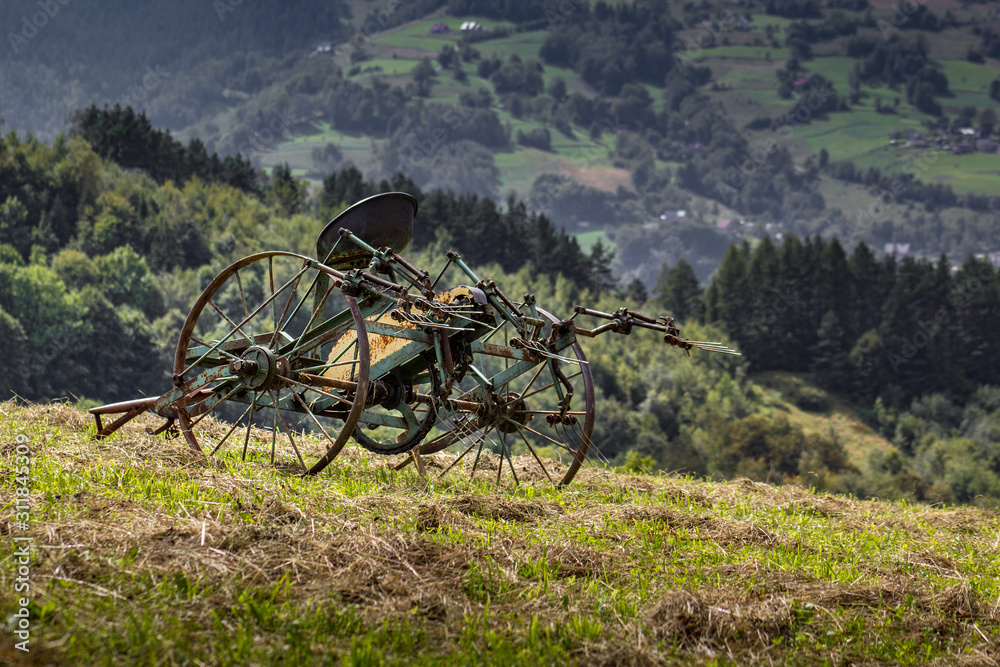 Fototapeta premium Old retired hay tedder. Beskids Mountains, Poland.