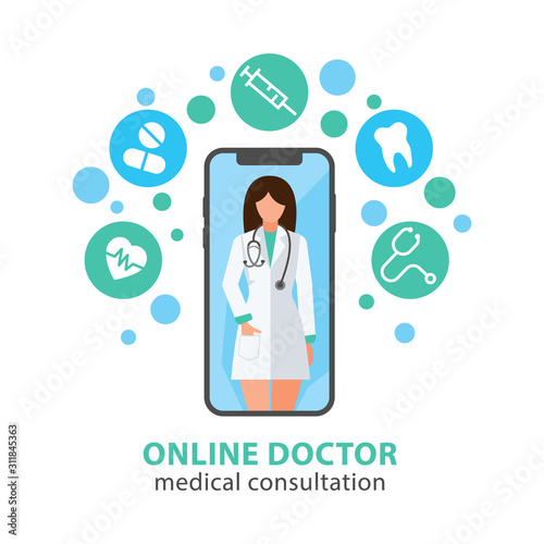 Online tele medicine. Online doctor consultation technology in smartphone. Treatment via application of smartphone. Connected internet clinic.