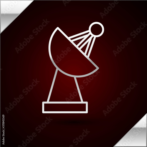 Silver line Radar icon isolated on dark red background. Search system. Satellite sign. Vector Illustration