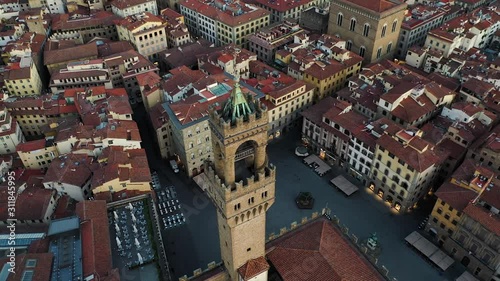 Aerial shot looking down over tower and Piazza della Signoria, Florence, Italy photo