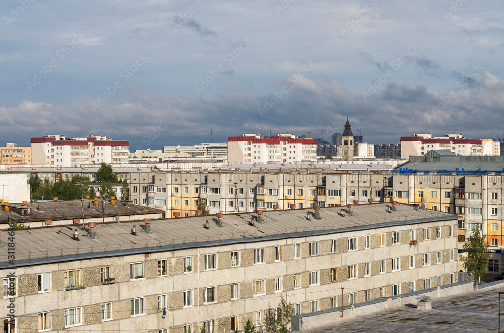 Surgut. City view. Typical Soviet buildings.
