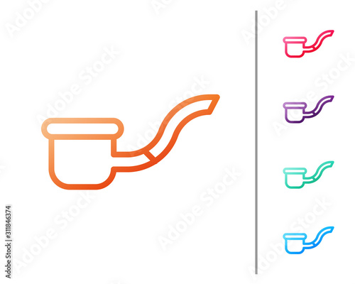 Red line Smoking pipe with smoke icon isolated on white background. Tobacco pipe. Set color icons. Vector Illustration