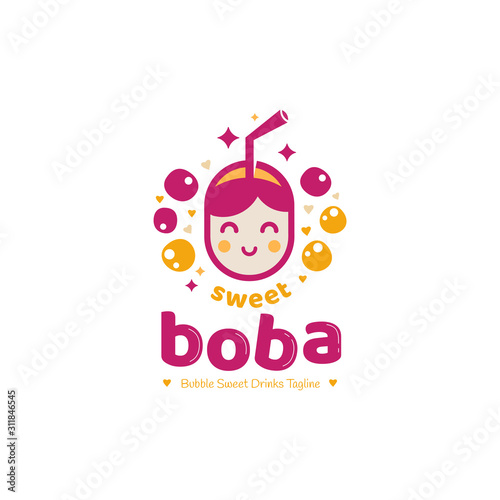 Sweet Boba logo, cute cup with a smiley face for the bubble tea logo