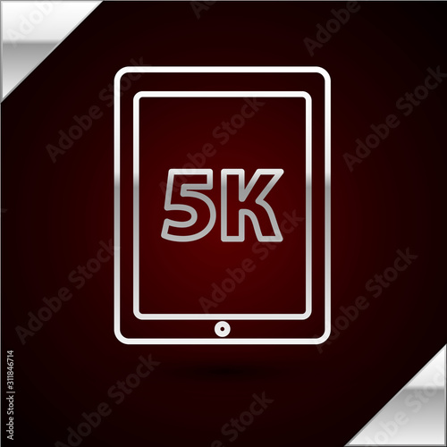 Silver line Tablet with text 5k icon isolated on dark red background. Vector Illustration