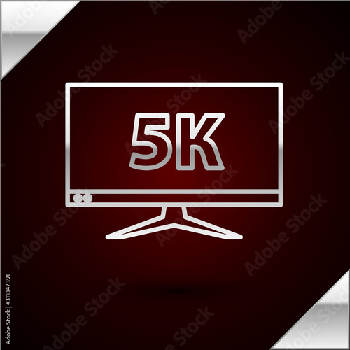 Silver line Computer PC monitor display with 5k video technology icon isolated on dark red background. Vector Illustration