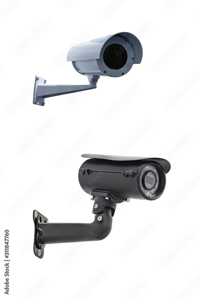 two modern video camera for tracking the situation at the facility isolated on white background
