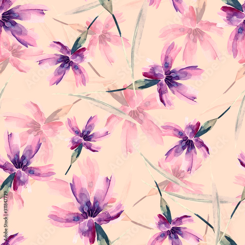 Carnation FLowers Seamless Pattern. Watercolor Background.