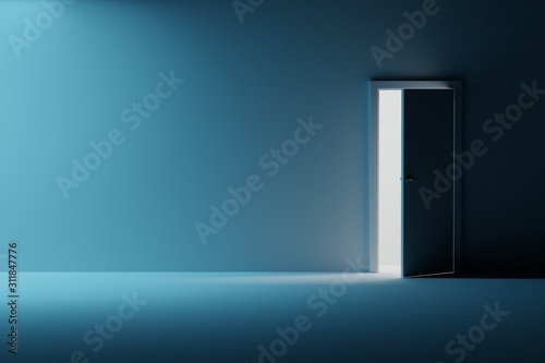Empty interior in blue colors with single opened door with light coming through. Room with empty copy blank space on the presentation wall.