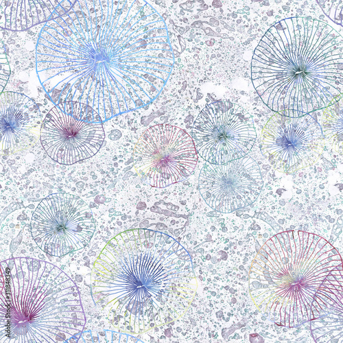 Sea jellyfish seamless pattern Water, ,pebbles, sea foam.Watercolor graphic art texture for use in Fashion design,fabric,home design, tiles,wallpaper.White blue,yellow,lilac,emerald, dark blue colors
