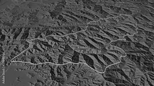 Panjshir, province with its capital, zoomed and extruded on the bilevel map of Afghanistan in the conformal Stereographic projection. Animation 3D photo