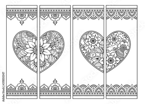 Printable bookmark for book - coloring. Set of black and white labels with heart and flower patterns in mehndi style. Sketch of ornaments for creativity of children and adults with colored pencils.